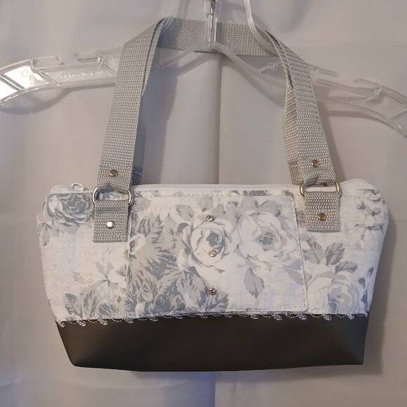 New Roses Floral Handbag Gray pale teal white Faux leather contrast Country chic - Picture 2 of 9